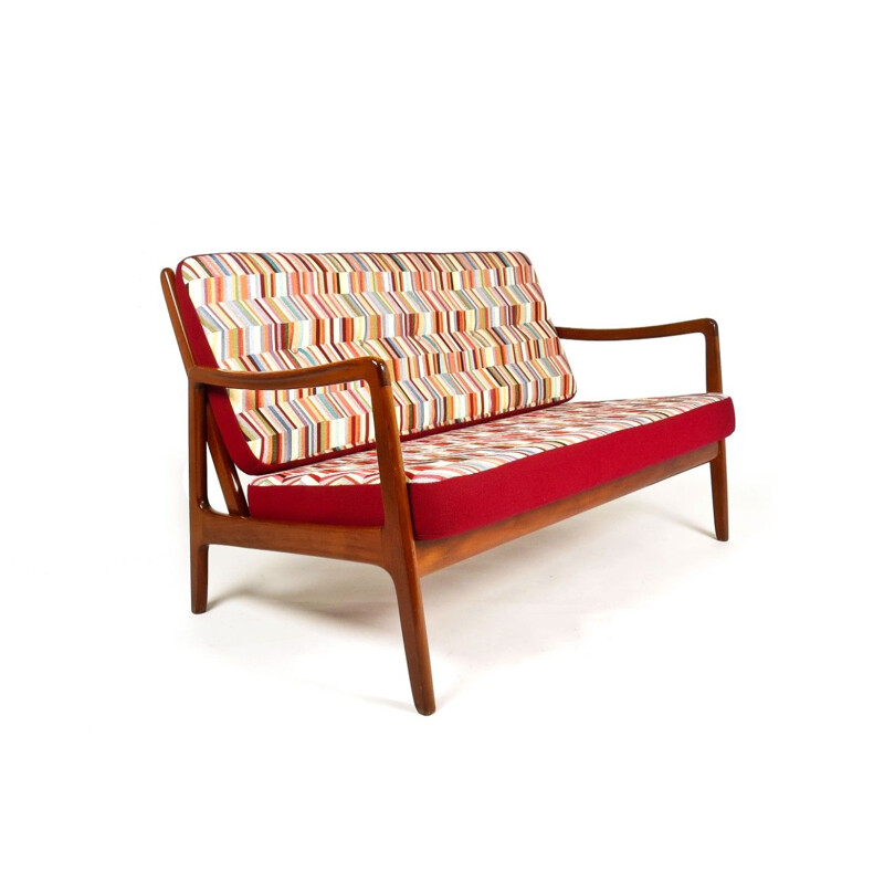 Vintage danish teak sofa for France & Daverkosen in red wool 1950