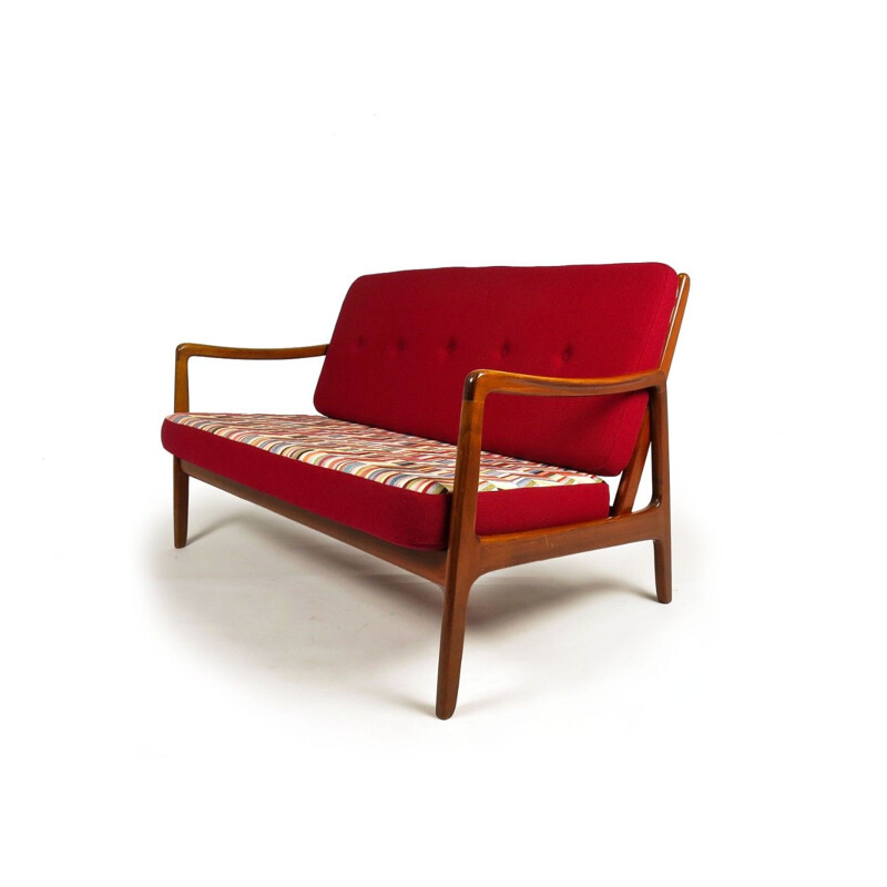 Vintage danish teak sofa for France & Daverkosen in red wool 1950