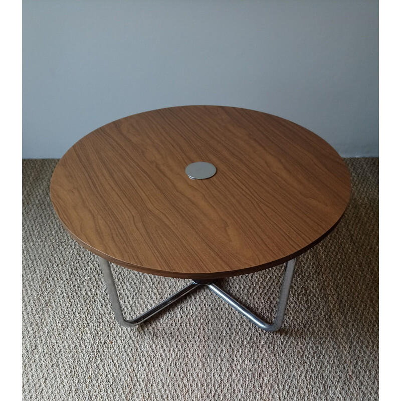 Set of vintage coffee table and 4 stools in brown leatherette and formica 1970