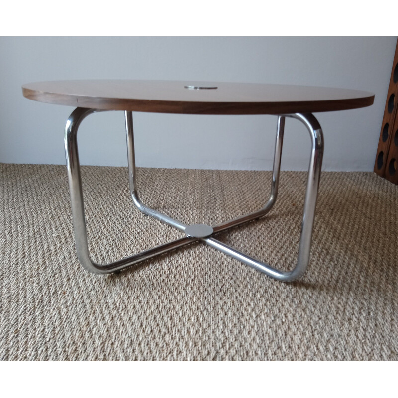 Set of vintage coffee table and 4 stools in brown leatherette and formica 1970