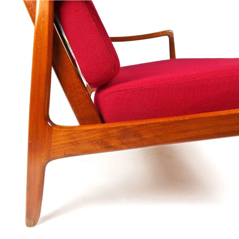 Vintage danish teak sofa for France & Daverkosen in red wool 1950