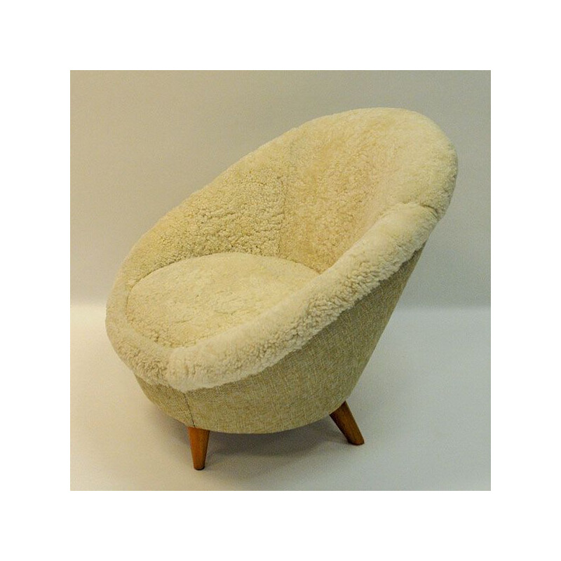 Vintage Florida armchair in sheepskin and teak 1950