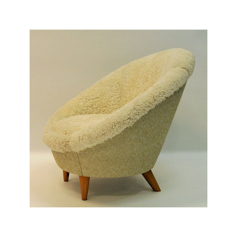 Vintage Florida armchair in sheepskin and teak 1950