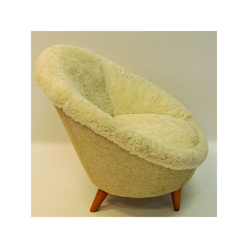 Vintage Florida armchair in sheepskin and teak 1950