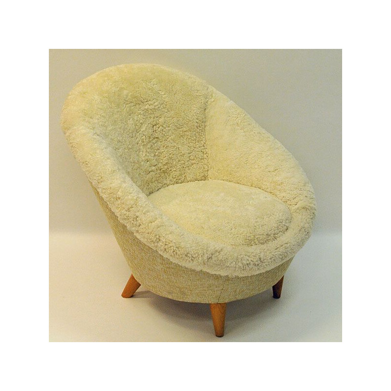 Vintage Florida armchair in sheepskin and teak 1950