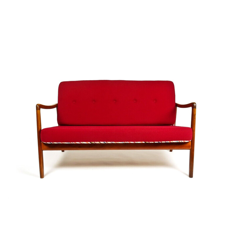 Vintage danish teak sofa for France & Daverkosen in red wool 1950