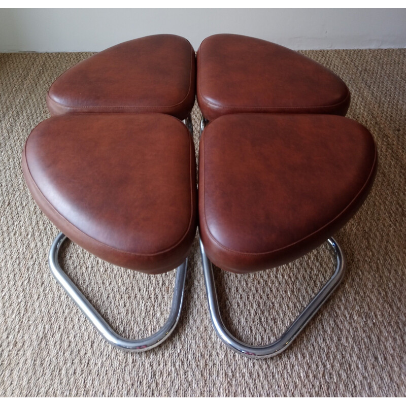 Set of vintage coffee table and 4 stools in brown leatherette and formica 1970