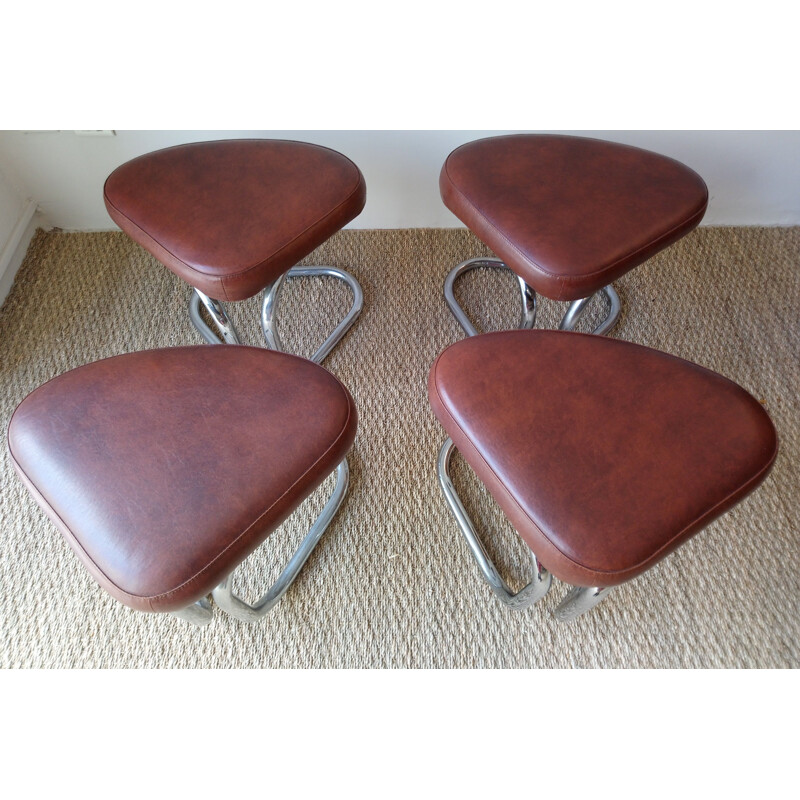 Set of vintage coffee table and 4 stools in brown leatherette and formica 1970