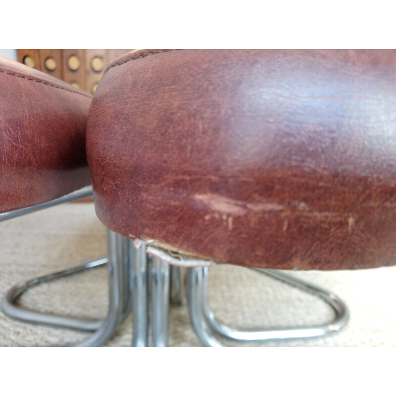 Set of vintage coffee table and 4 stools in brown leatherette and formica 1970