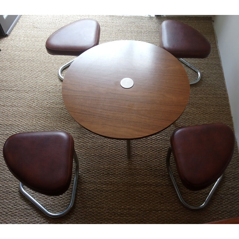 Ensemble de table basse vintage et 4 tabourets en skaï marron et formica 1970