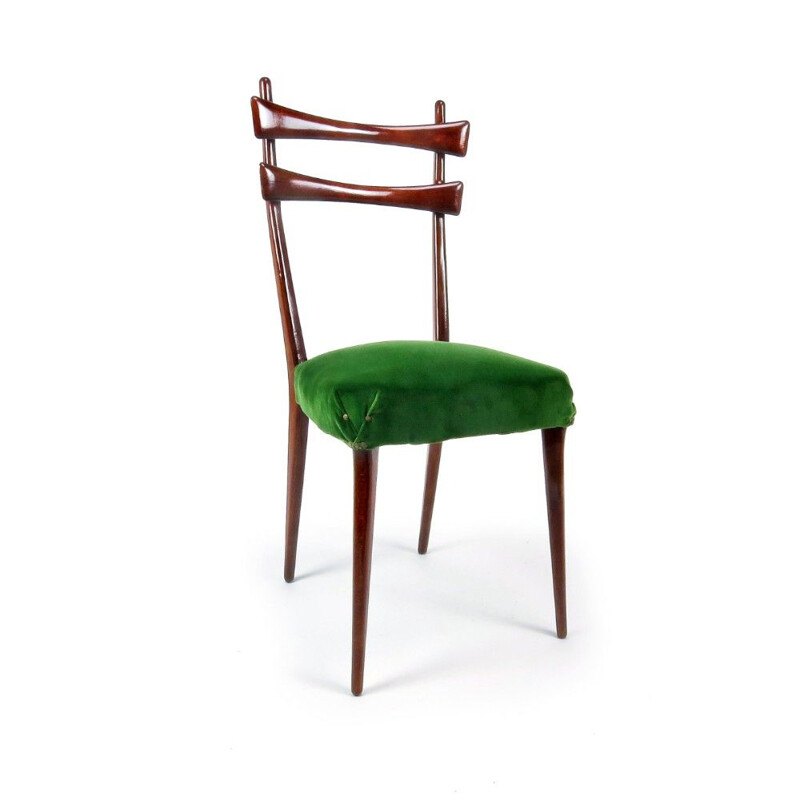 Set of 6 vintage italians chairs in green velvet and wood 1950