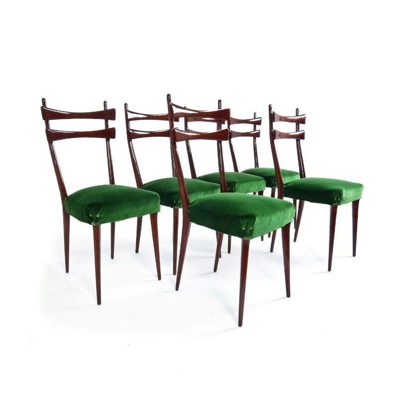 Set of 6 vintage italians chairs in green velvet and wood 1950