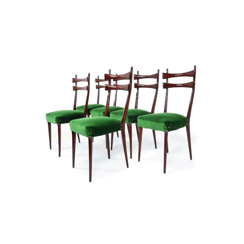 Set of 6 vintage italians chairs in green velvet and wood 1950