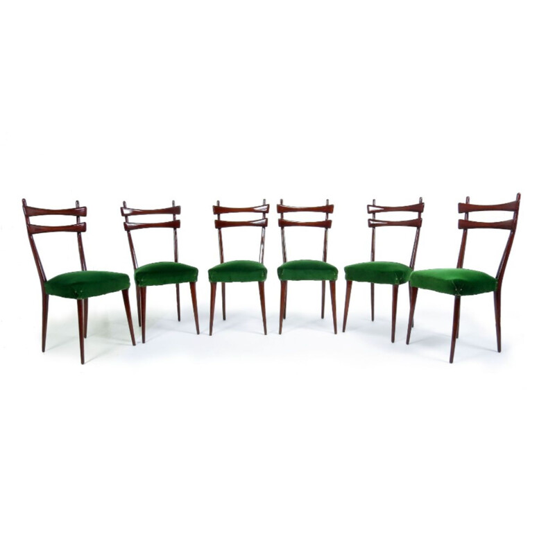 Set of 6 vintage italians chairs in green velvet and wood 1950