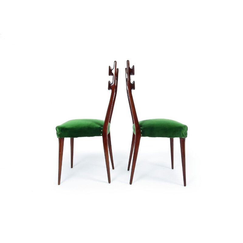 Set of 6 vintage italians chairs in green velvet and wood 1950