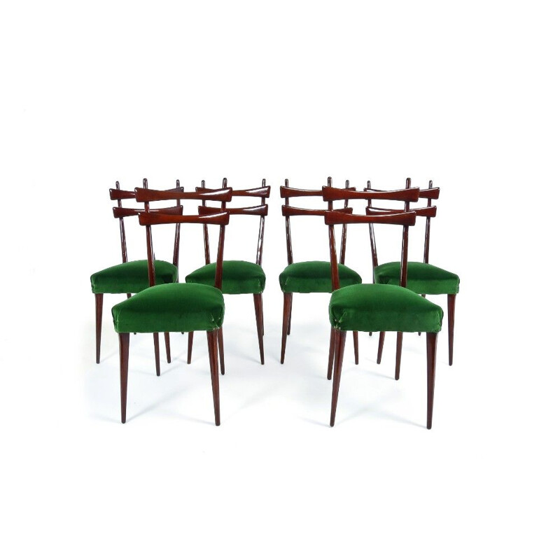 Set of 6 vintage italians chairs in green velvet and wood 1950