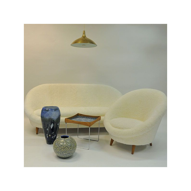 Vintage Florida armchair in sheepskin and teak 1950