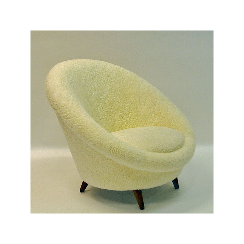 Fauteuil vintage Florida en peau de mouton et teck 1950