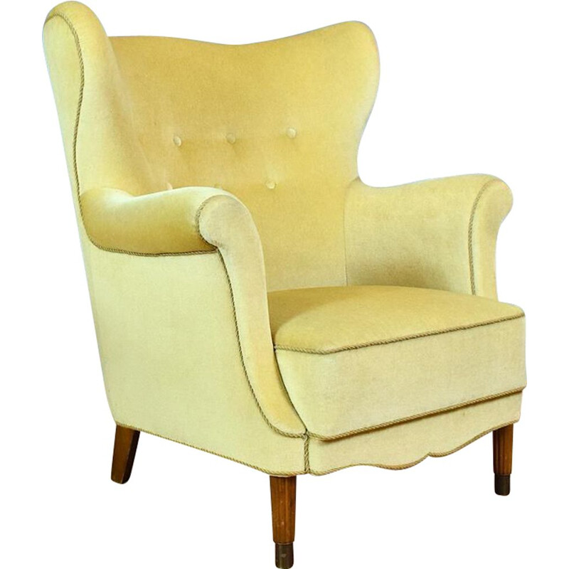 Vintage Danish Yellow Velvet Wingback Armchair 1950s