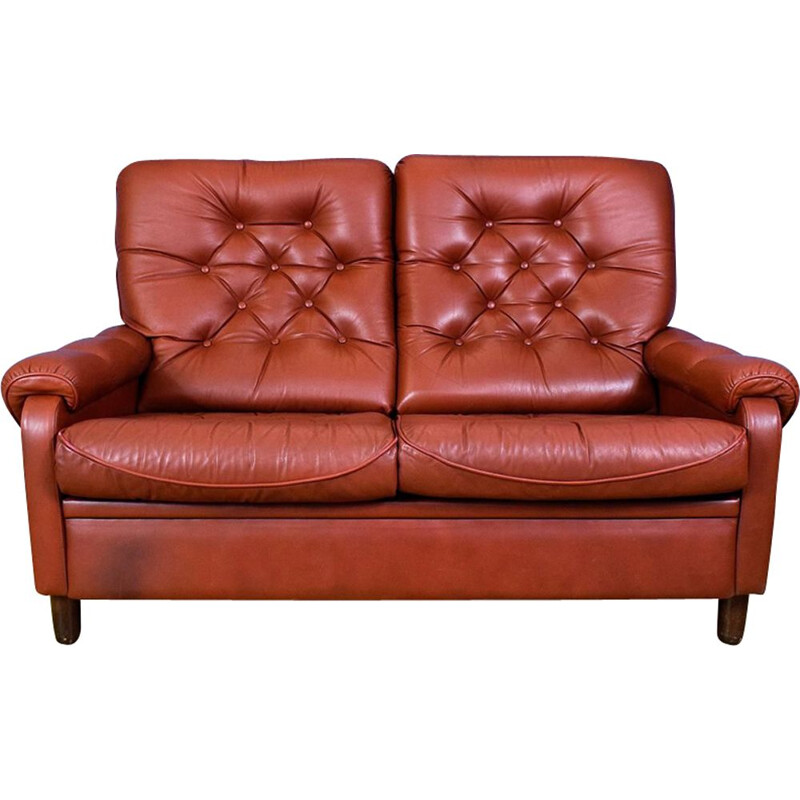 Vintage 2-seater sofa in red leather Danish 1970s