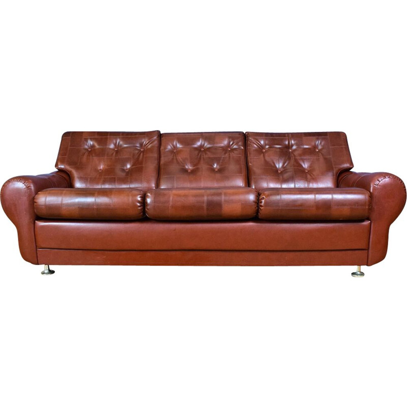 Vintage 3-seater sofa in cognac brown faux leather Danish 1970s