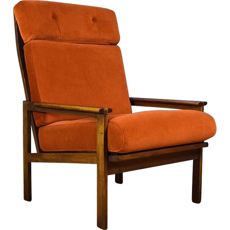 Fauteuil lounge vintage Capella en velours & chêne par Illum Wikkelso pour Niels Eilersen Danois