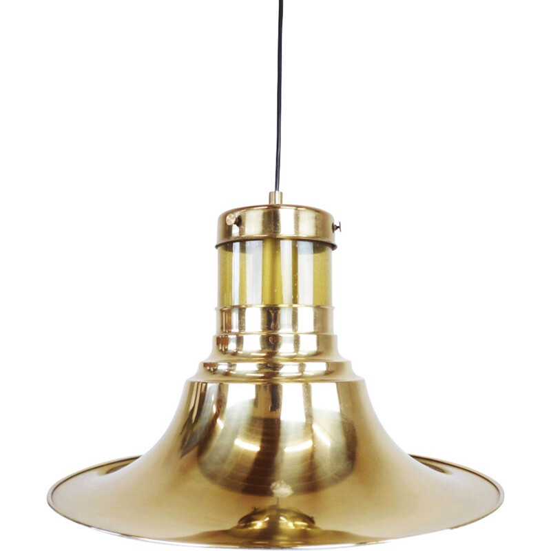 Vintage hanging lamp bell in glass and golden metal, 1960