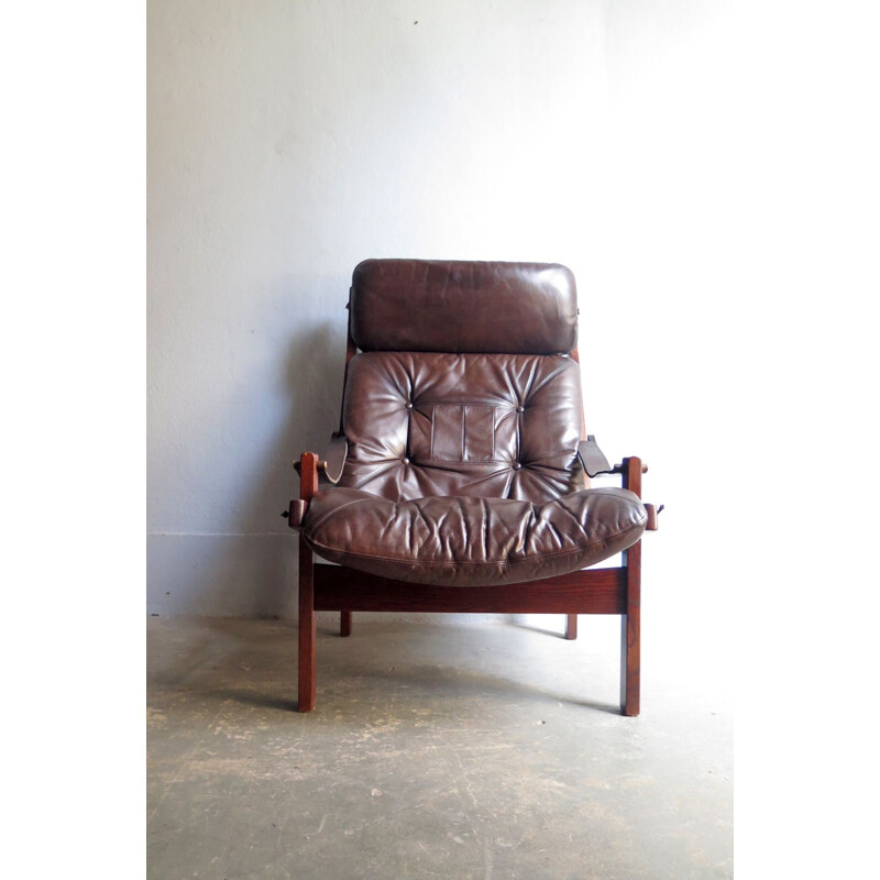 Vintage armchair Hunter in brown leather by Torbjon Afdal Scandinavian 1960s