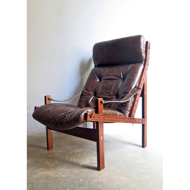 Vintage armchair Hunter in brown leather by Torbjon Afdal Scandinavian 1960s