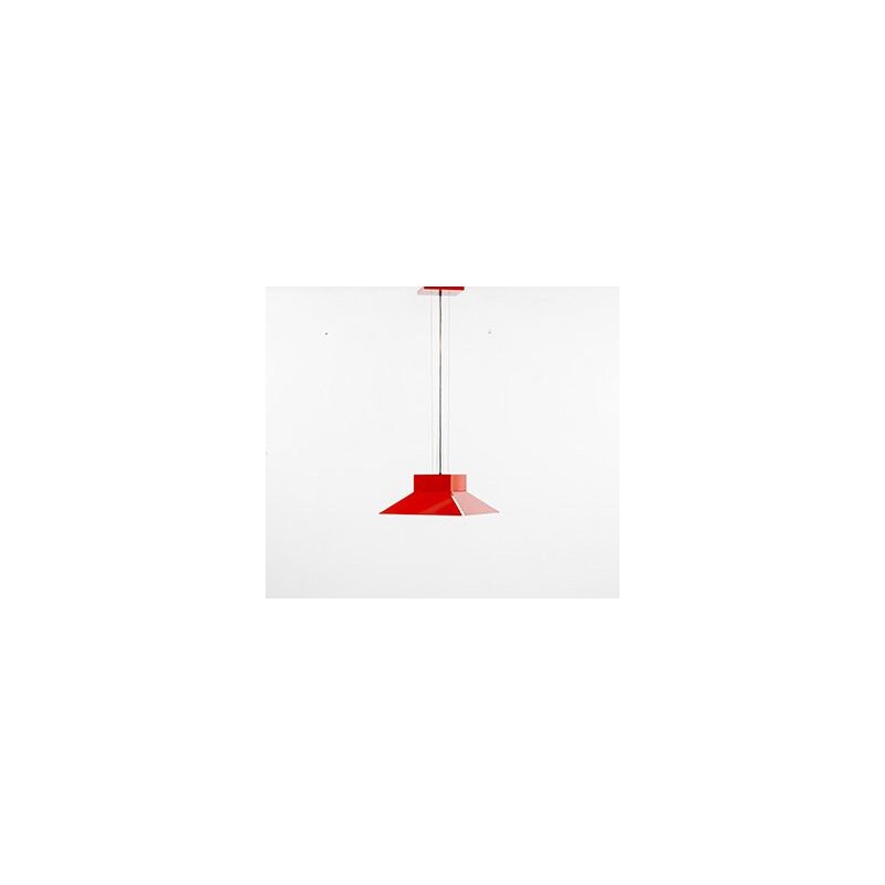 Vintage red enamelled metal shade hanging on a red ceiling light by artimeta