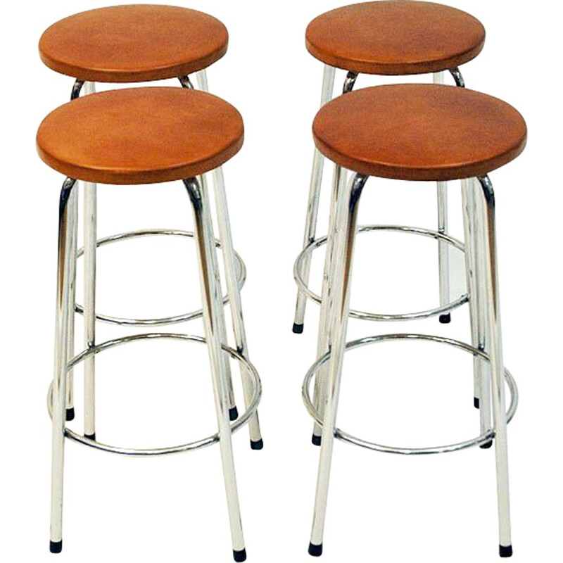 Pair of vintage scandinavian brown leather stools with chrome legs 1960