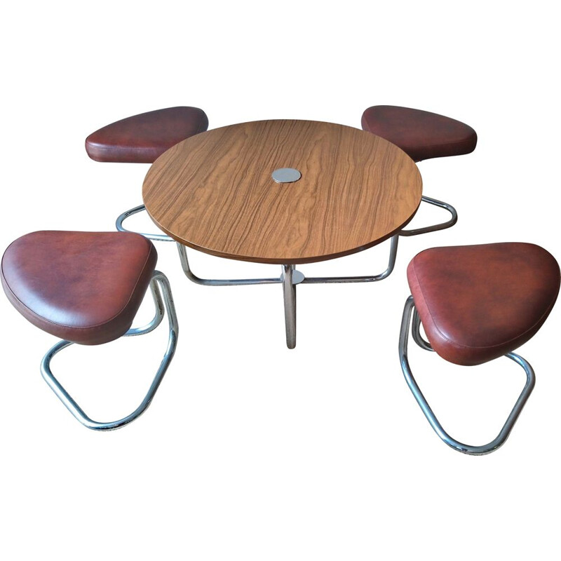 Set of vintage coffee table and 4 stools in brown leatherette and formica 1970