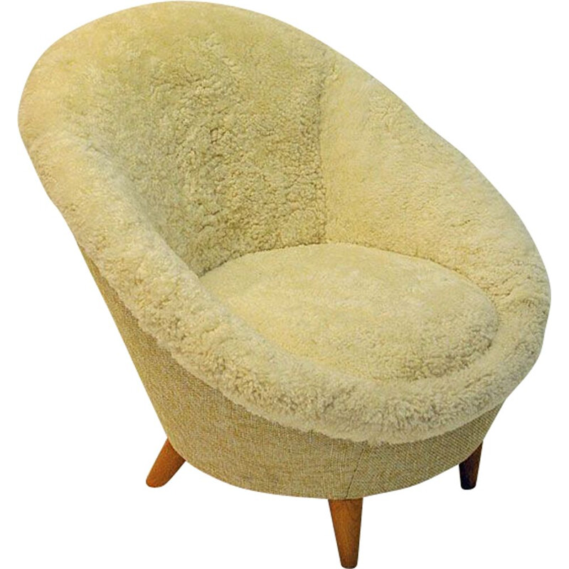 Vintage Florida armchair in sheepskin and teak 1950