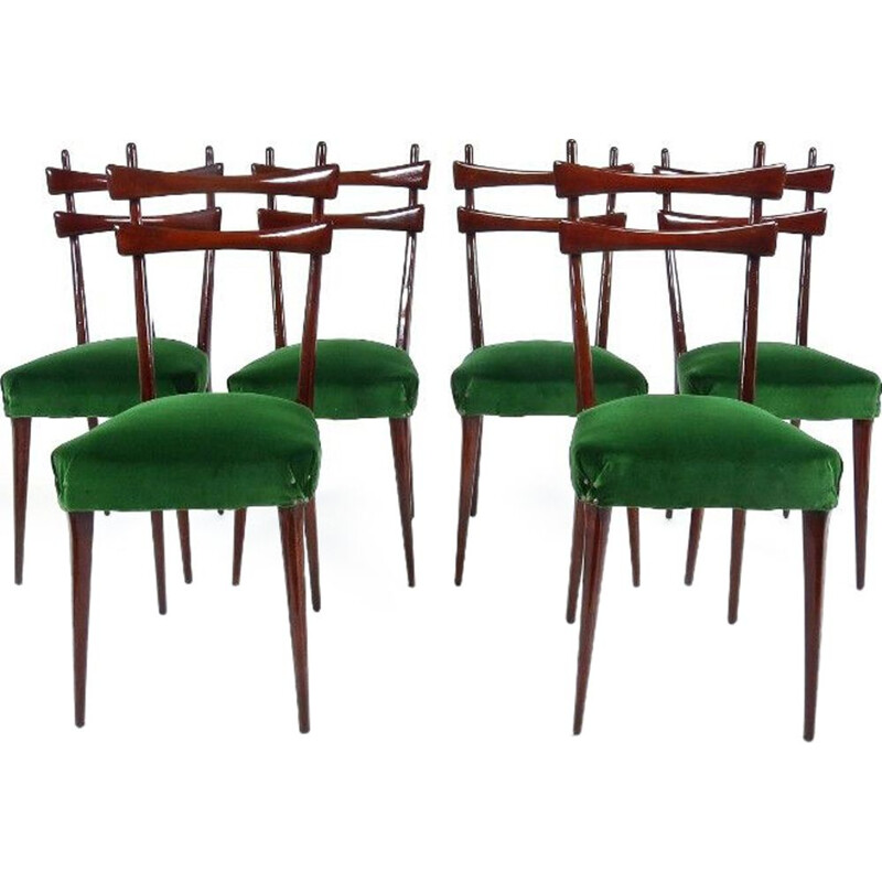 Ensemble de 6 chaises vintage italiennes en velours vert et bois 1950