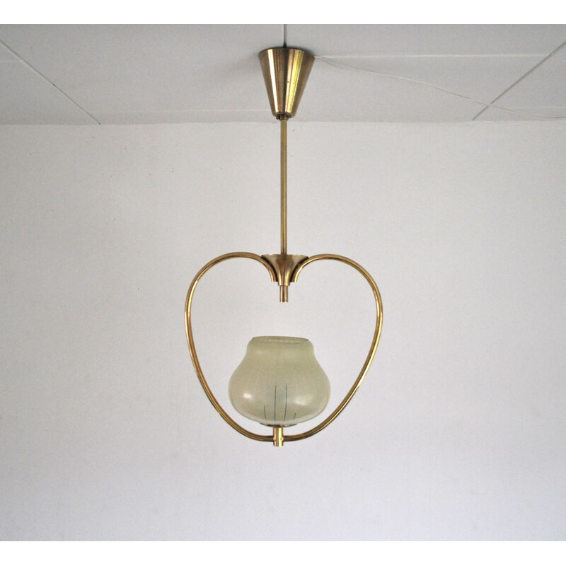 Vintage hanging lamp, in brass and etched glass, 1930s