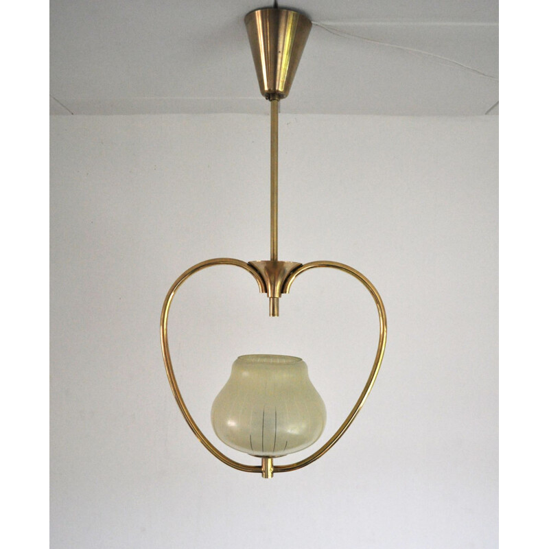 Vintage hanging lamp, in brass and etched glass, 1930s