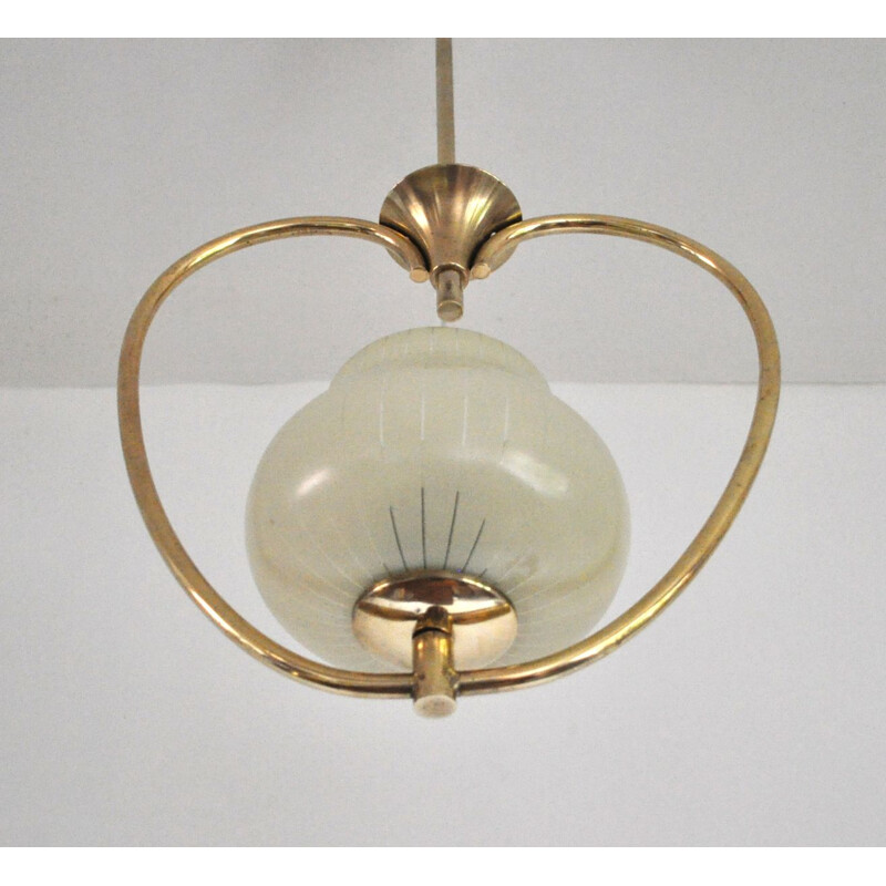 Vintage hanging lamp, in brass and etched glass, 1930s