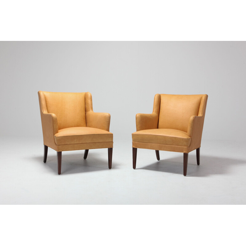 Vintage Bergere armchairs In Camel Leather, 1970