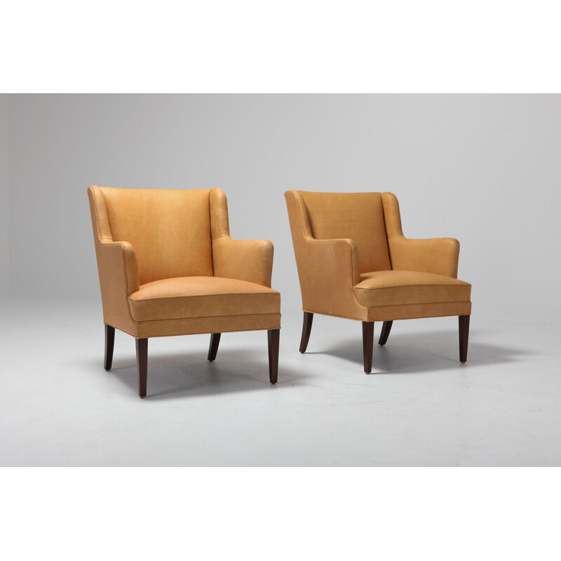 Vintage Bergere armchairs In Camel Leather, 1970