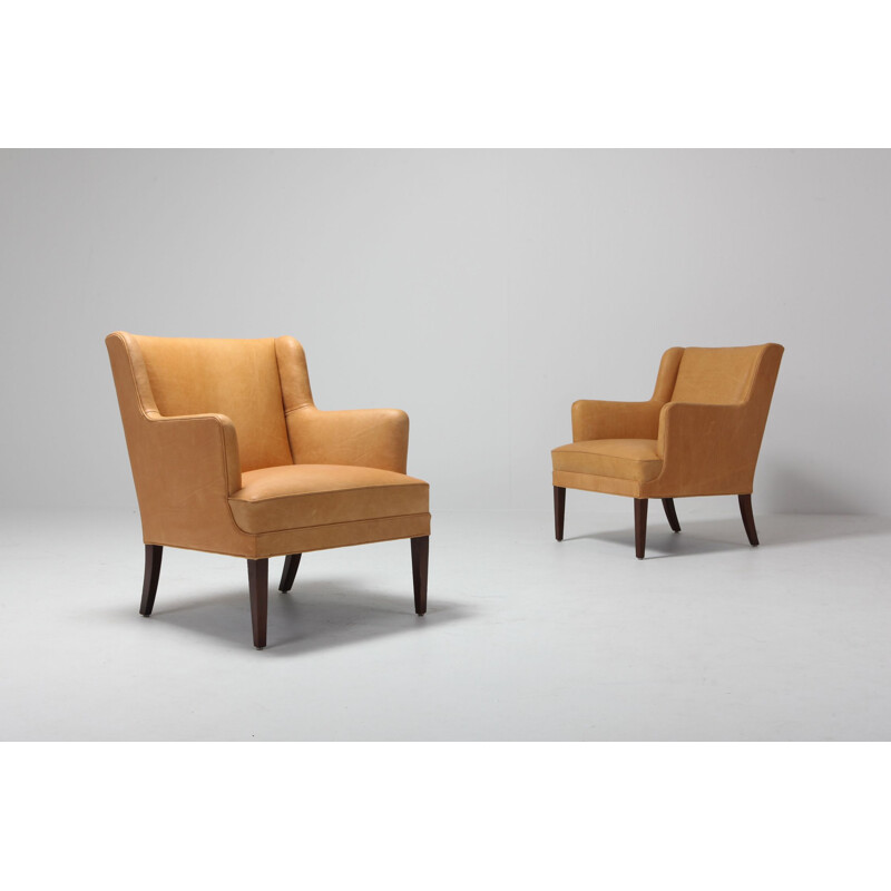 Vintage Bergere armchairs In Camel Leather, 1970
