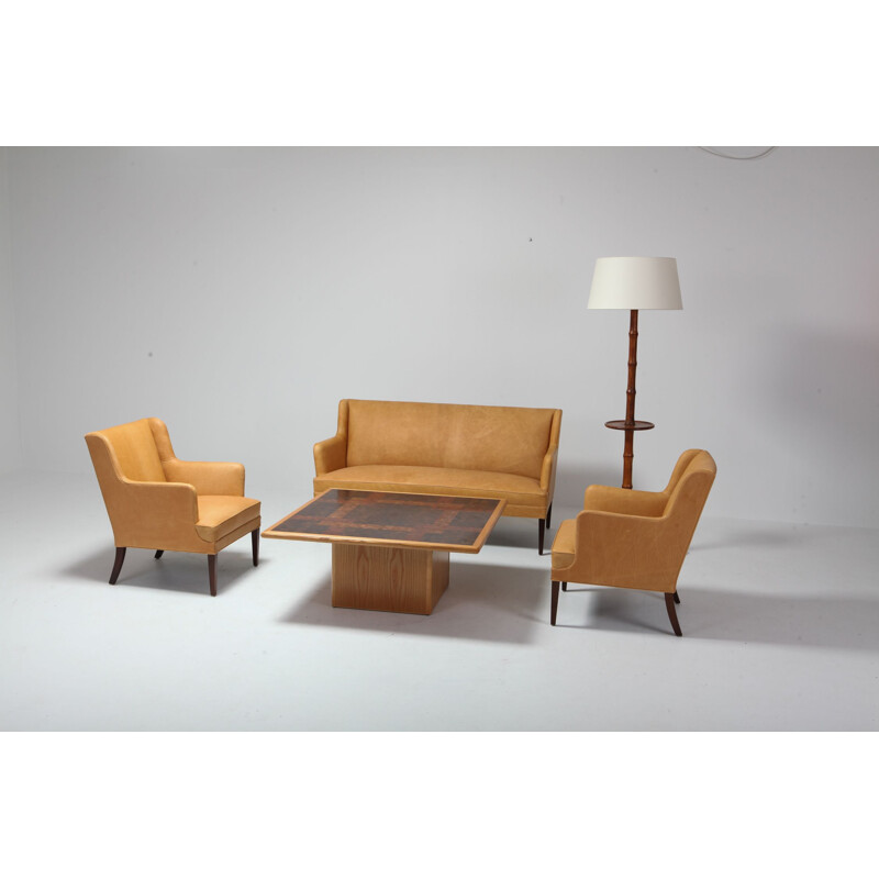 Vintage Bergere armchairs In Camel Leather, 1970