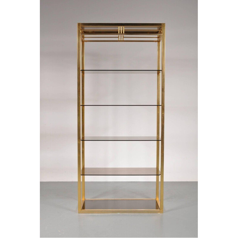 Vintage smoked glass shelf creating a wonderful luxurious style in brass and smoked glass, Belgian 1970