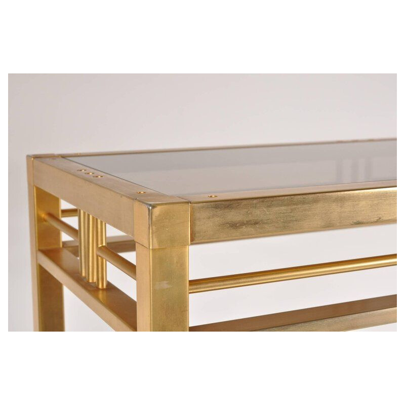 Vintage Belgian shelf in brass and smoked glass,1970