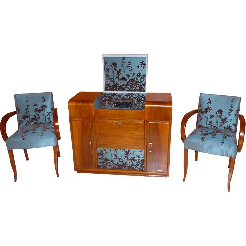 Ensemble d'un ampli tuner Eltax et ses 2 fauteuils vintage en bois et tissu, 1950