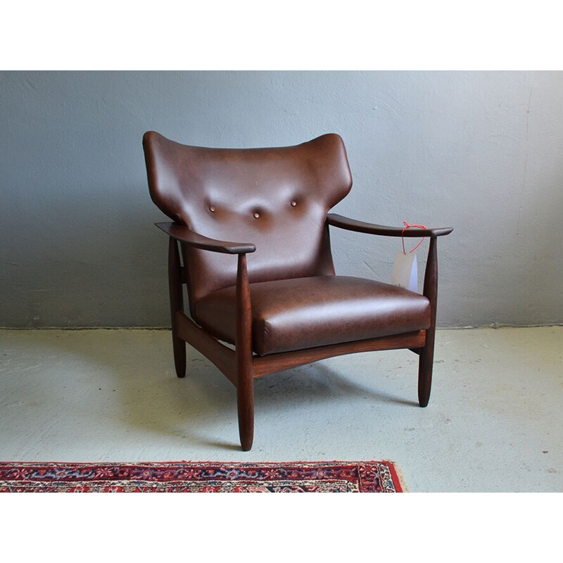 Vintage armchair in teak and brown leather,1960