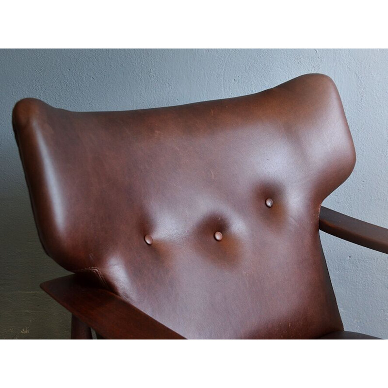 Vintage armchair in teak and brown leather,1960