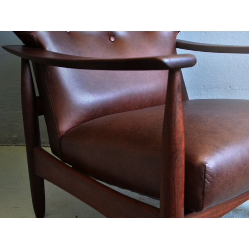 Vintage armchair in teak and brown leather,1960