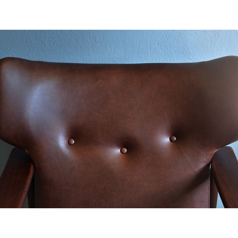 Vintage armchair in teak and brown leather,1960