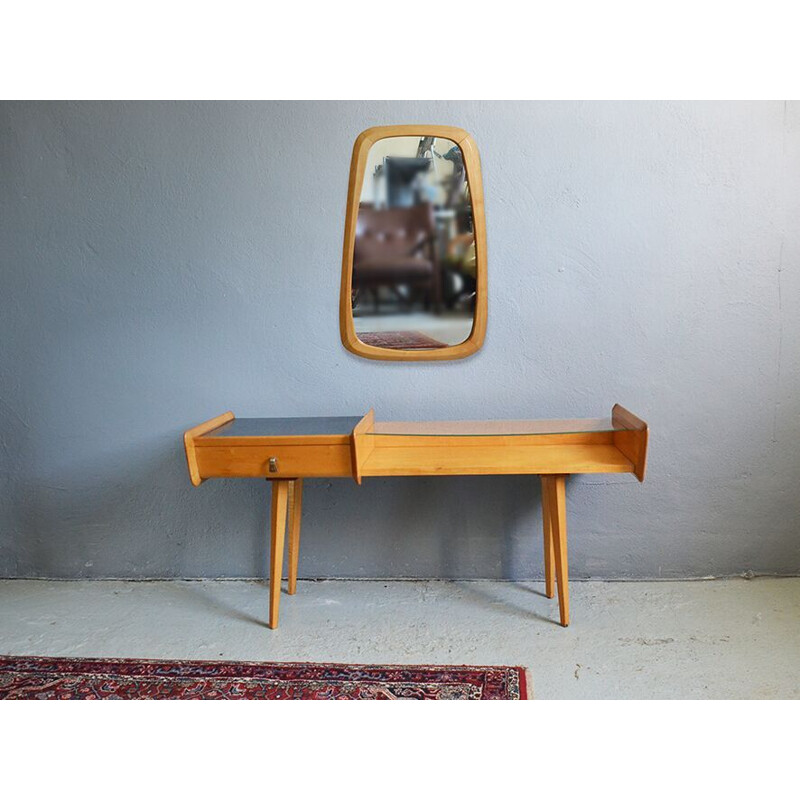 Vintage wooden console with mirror from the 50s