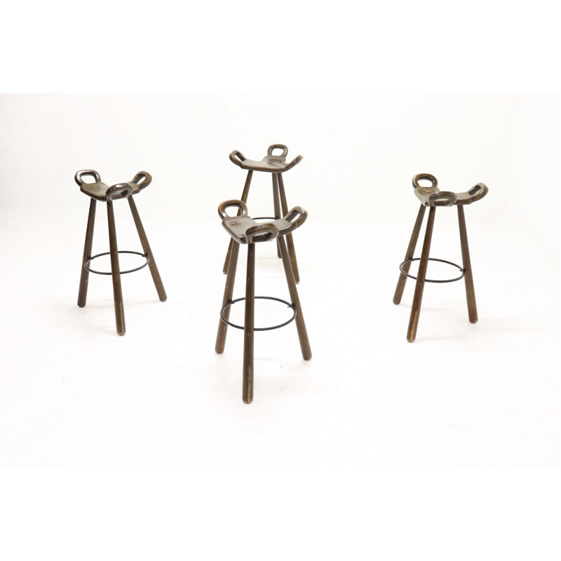 Set of 4 vintage bar stools in oak, Spanish 